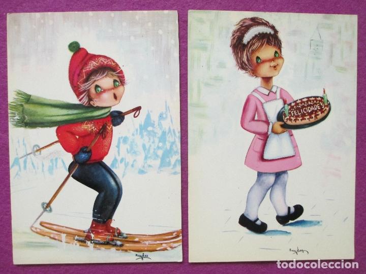 Cartoline: 2 POSTALES, CHICA CON TARTA FELICIDADES, CHICO ESQUI, ILUS. ANGELES, EDIC. RAKER, N&ordm; 8069/B, 8069/D