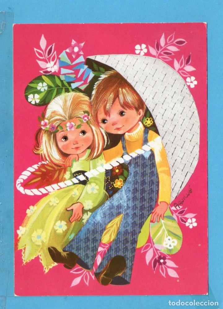 Postais: Postal de Dibujos de Aquilu&eacute; Pareja en la Cesta Editada en Perla sin Circular