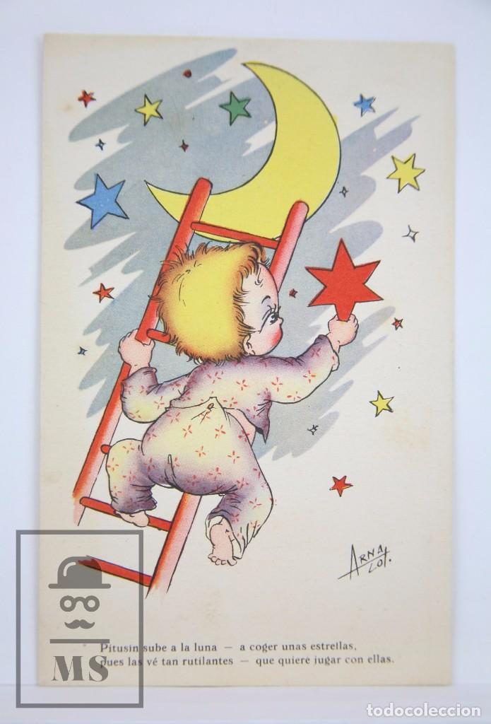 Cartoline: Postal Ilustrada por Arna Lot / Arnalot - Luna. Los Juegos de Pitus&iacute;n. Col. A -Escrita al Dorso,1948