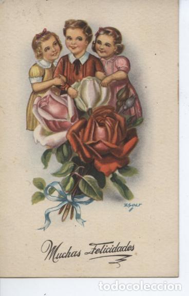 Postcards: POSTAL ILUSTRACION . MUCHAS FELICIDADES. NI&Ntilde;OS CON ROSAS
