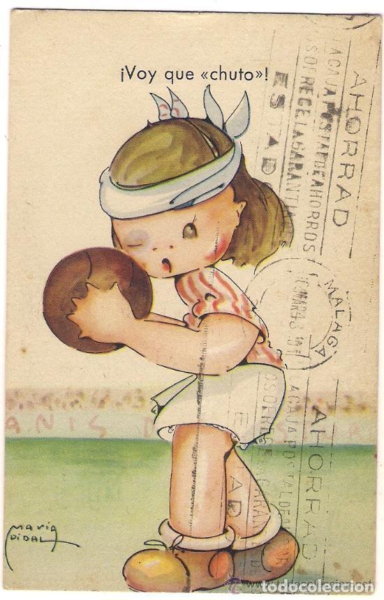 Postais: -29719 POSTAL NI&Ntilde;O JUGANDO AL FUTBOL, CON MENSAJE, DIBUJANTE MARIA PIDAL
