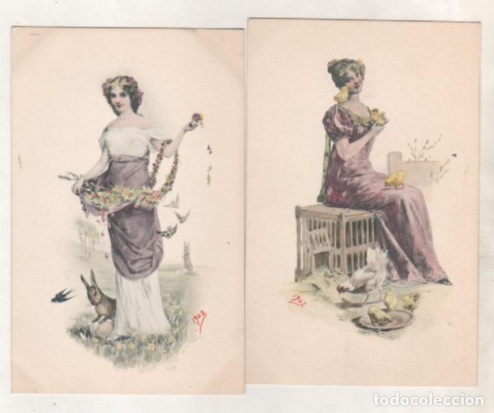 Postales: 2 postales ilustradas mujer con conejo y gallina  Reverso sin dividir. A&ntilde;o 1902 Sin circular.