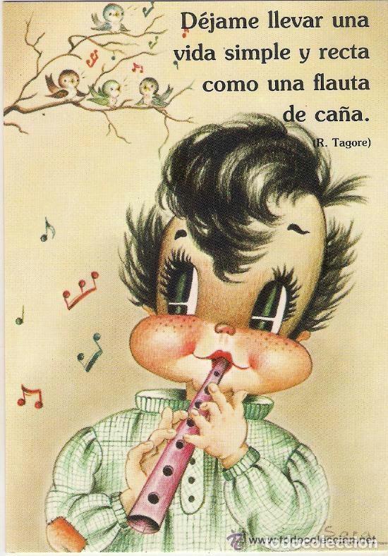 Postais: -53935 POSTAL DIBUJO NI&Ntilde;O MUSICO CON PAJAROS, CON MENSAJE, ILUSTRACION SARA N&ordm; 124
