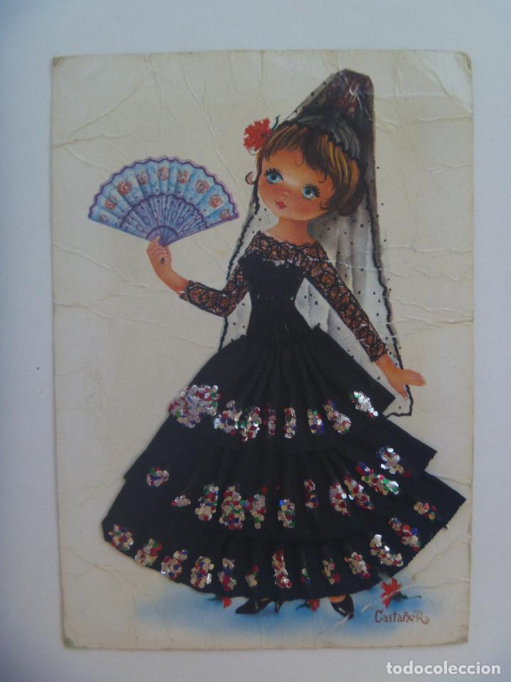 Postais: POSTAL DE DIBUJO DE SE&Ntilde;ORITA CON PEINETA Y MANTILLA , VESTIDO DE TELA . A&Ntilde;OS 60