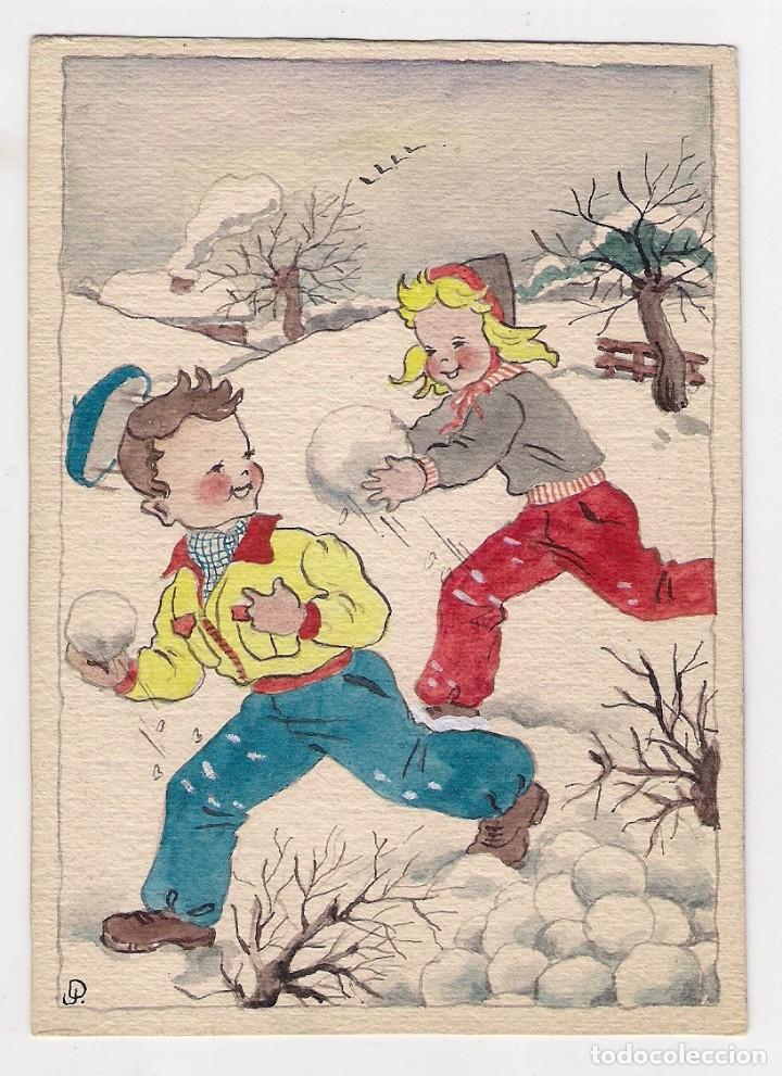 Cartoline: -72127 POSTAL SECANTE, DIBUJO NI&Ntilde;OS JUGANDO EN LA NIEVE, ILUSTRACION P.