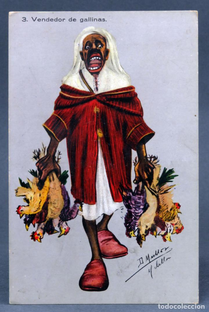 Postales: Postal Marruecos Vendedor de gallinas caricatura Mullor escrita 1921