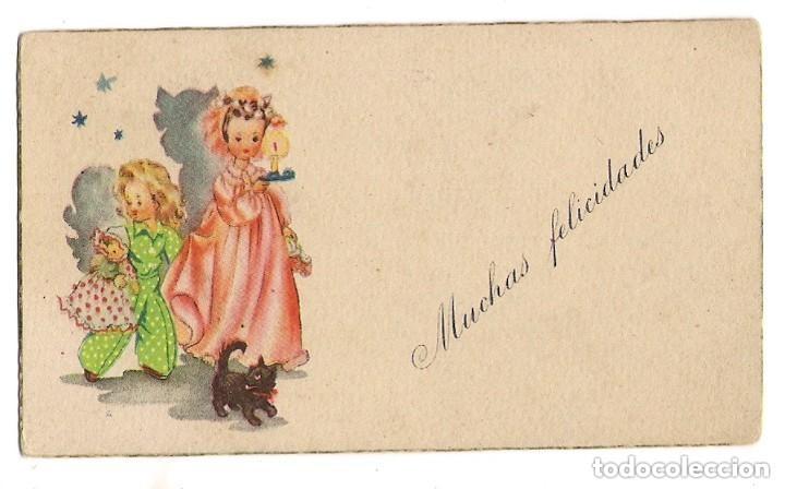 Postais: -68548 POSTAL DIBUJO NI&Ntilde;AS CON MU&Ntilde;ECA Y PERRITO, MUCHAS FELICIDADES, ESCRITA