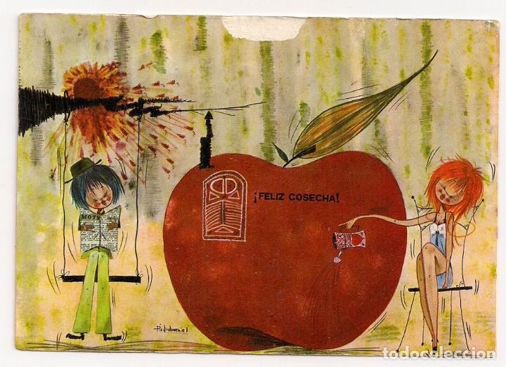 Postkarten: Postal pareja con una manzana - Serie dibujos aleg&oacute;ricos Feliz Cosecha - N&ordm;11 - V.C. Dist - Escrita.