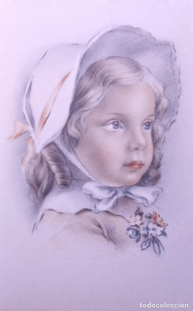 Postkarten: POSTAL A&Ntilde;OS 50 NI&Ntilde;A DIBUJADA COLORES PASTEL SERIE 600 MUY BUEN ESTADO 14X9 IMPRESA EN ESPA&Ntilde;A.