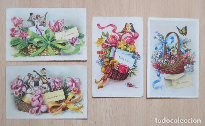 Postcards: Lote de 4 postales antiguas Flores ilustradas por Zsolt
