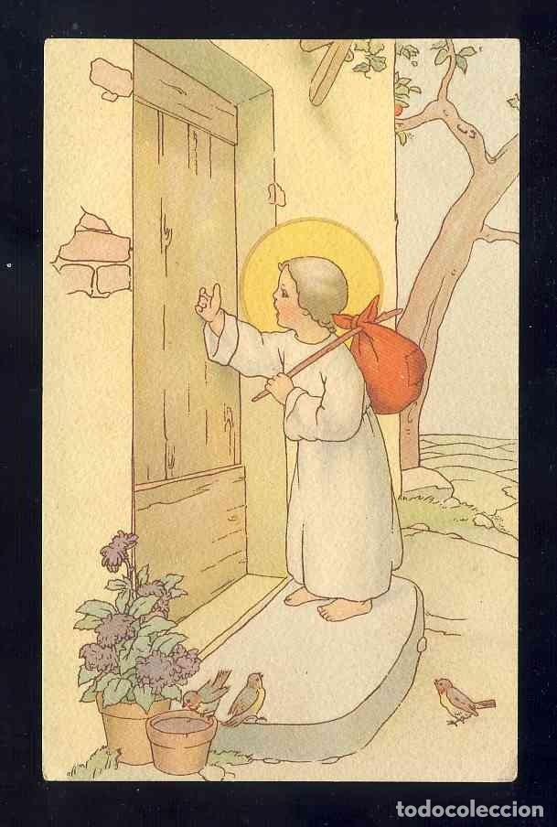 Postais: Postal ilustrada: Ni&ntilde;o Jesus llamando a una puerta