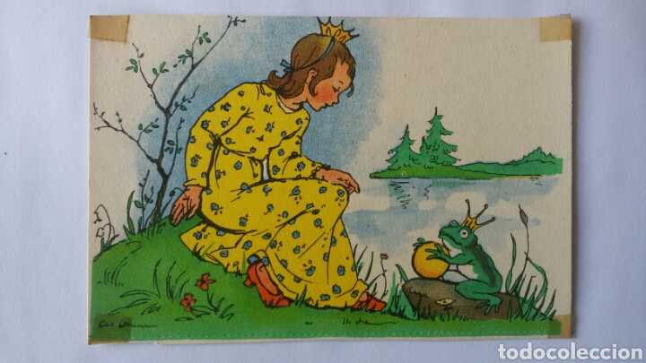 Postais: Tarjeta postal con un dibujo de una ni&ntilde;a y una rana.