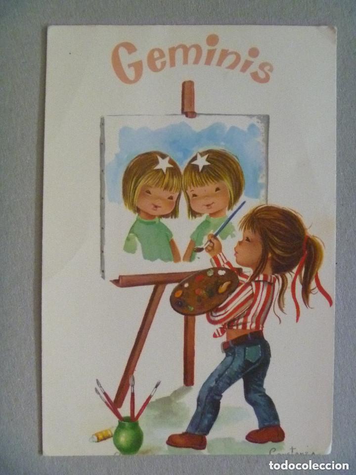 Cartoline: POSTAL CON BONITO DIBUJO DEL ZODIACO : GEMINIS . A&Ntilde;OS 60