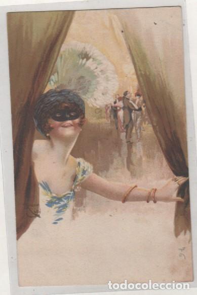 Postais: Postal ilustrada. Ilustrador italiano. Mujer con m&aacute;scara. Sin circular.