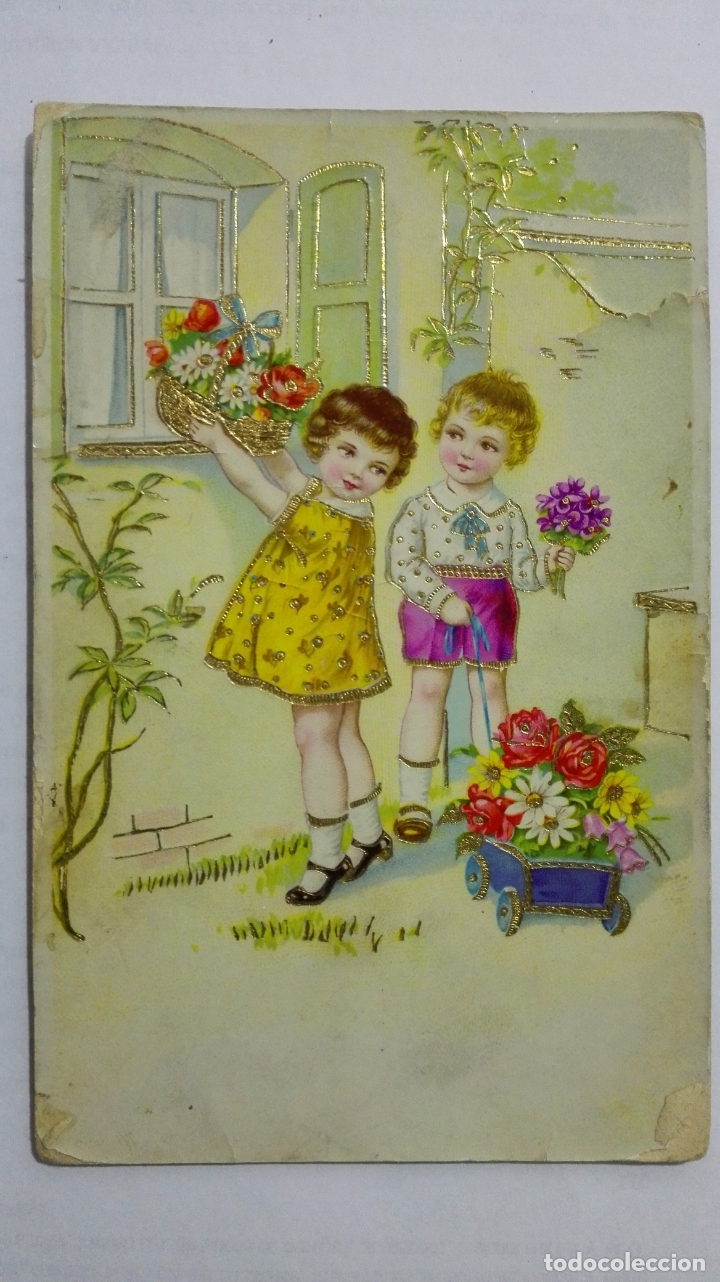 Postais: POSTAL, NI&Ntilde;OS CON CESTAS DE FLORES, ESCRITA, A&Ntilde;O 1940