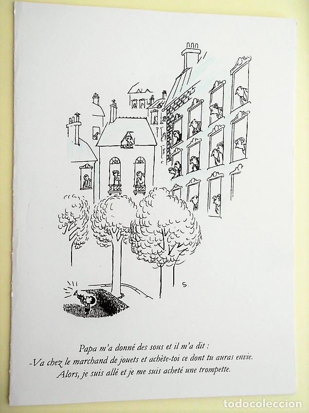 Postales: Dibujo de ni&ntilde;o tocando la trompeta y vecinos asomados a la ventana. Nueva. Blanco/Negro