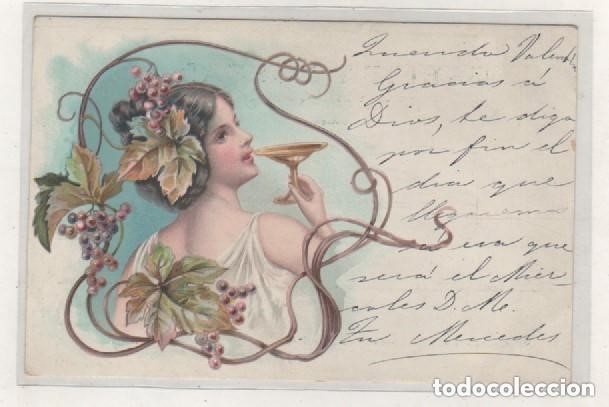 Postales: Postal ilustrada mujer bebiendo. Art nouveau. Reverso sin dividir. sin circular.