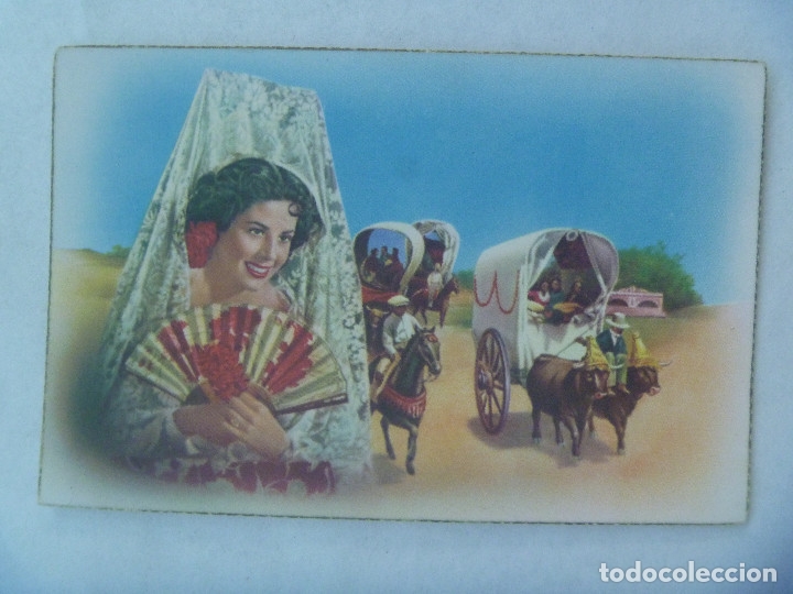 Postcards: POSTAL CON BONITO DIBUJO DE SE&Ntilde;ORITA CON PEINETA Y MANTILLA Y CARRETAS DEL ROCIO. A&Ntilde;OS 40