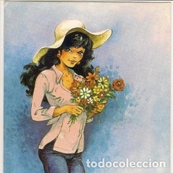 Postais: -71237 POSTAL DIBUJO NI&Ntilde;A HIPPIES CON PAMELA Y RAMO DE FLORES, COLECCION PERLA 288/3