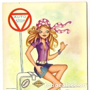 Postais: -44119 POSTAL DIBUJO NI&Ntilde;A HIPPY HACIENDO AUTOSTOP, ILUSTRACION CAROL, SIN CIRCULAR