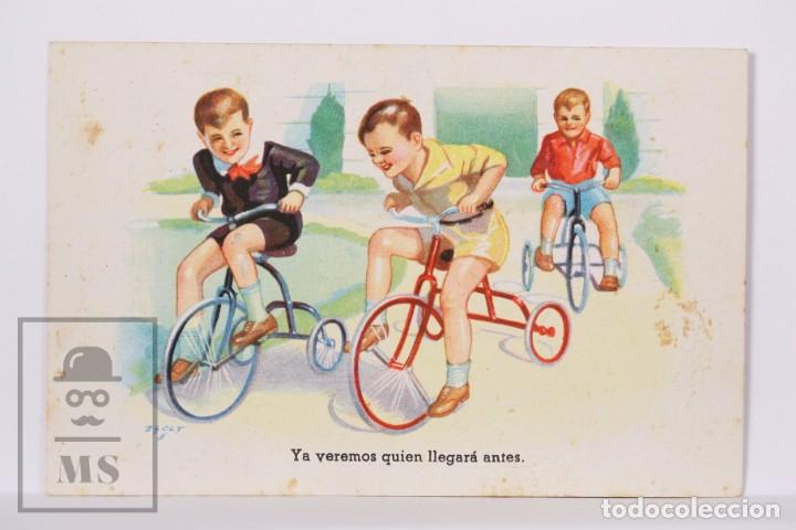 Cartoline: Postal Ilustrada por Zsolt - Ya Veremos Quien Llegar&aacute; Antes / Ni&ntilde;os Triciclo. Serie N&ordm; 46 - CMB