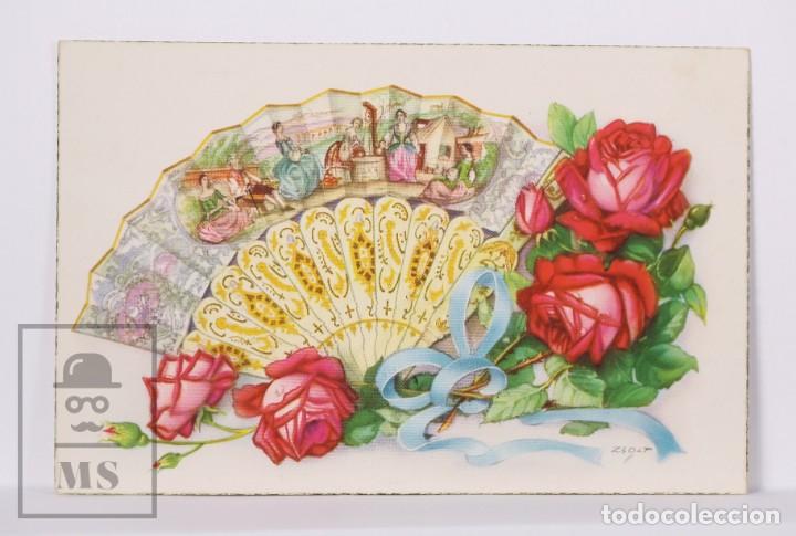 Cartoline: Postal Ilustrada por Zsolt - Rosas y Abanico. Serie 2304 D - Escrita al Dorso - A&ntilde;os 50