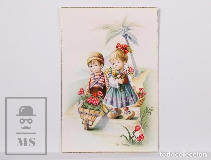 Cartoline: Postal Ilustrada por Nuria Bar&oacute; - Ni&ntilde;os con Flores - 509/B - C y Z