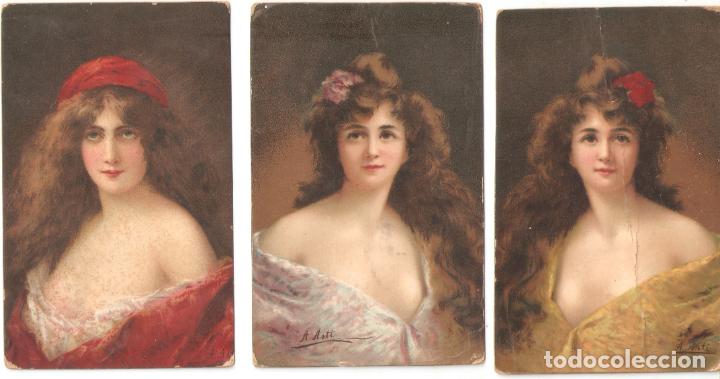 Postkarten: 5 Postales Se&ntilde;ora modernista. Dibujo A. Asti. T S N n&ordm; 1, 2, 3, 4 y 6. sin escribir. Vell i Bell