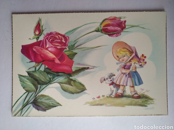 Cartoline: Postal ni&ntilde;a con perro y rosas ilustra vernet c y z