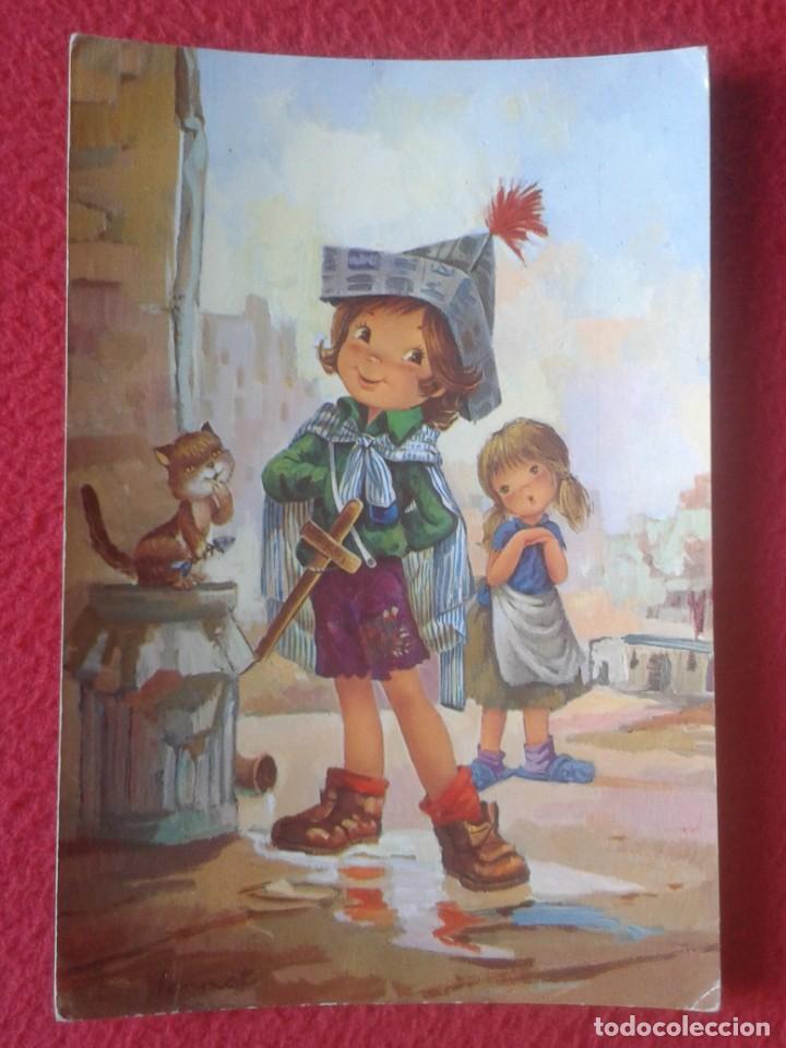 Postkarten: TARJETA TIPO POSTAL POST CARD DIBUJO CARICATURA NI&Ntilde;O CON ESPADA CON GATO Y NI&Ntilde;A MIRANDO C. Y Z. VER