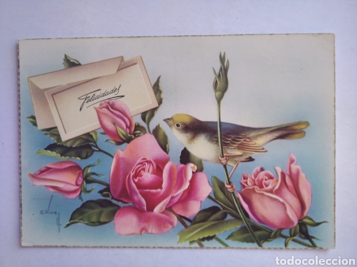 Cartes Postales: Postal felicidades p&aacute;jaro y rosas ilustra vives