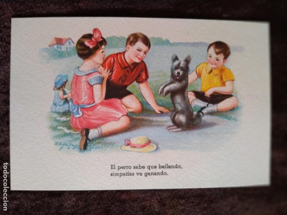 Cartoline: TARJETA POSTAL (LITOGRAF&Iacute;A A COLOR). * EL PERRO SABE QUE BAILANDO, SIMPAT&Iacute;AS VA...*. A&Ntilde;OS 30/40.