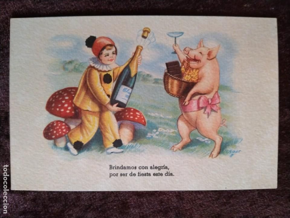 Cartes Postales: TARJETA POSTAL (LITOGRAF&Iacute;A A COLOR). * BRINDAMOS CON ALEGR&Iacute;A, POR SER DE FIESTA ...*. A&Ntilde;OS 30/40.