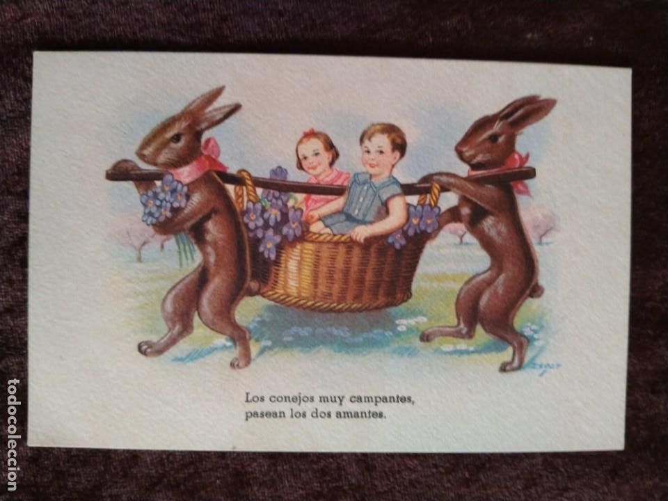 Cartes Postales: TARJETA POSTAL (LITOGRAF&Iacute;A A COLOR). * LOS CONEJOS MUY CAMPANTES, PASEAN LOS ...*. A&Ntilde;OS 30/40.