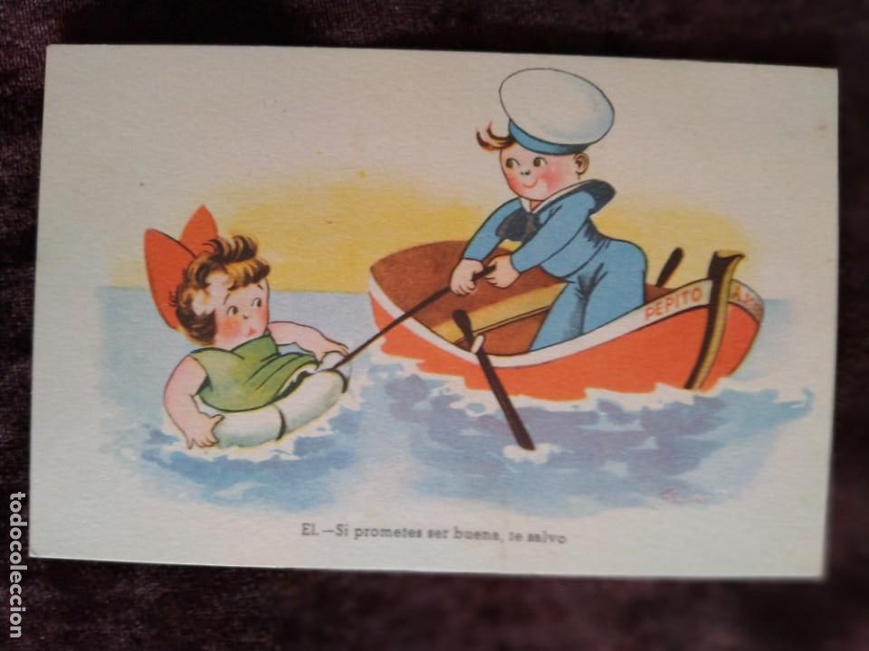 Postales: TARJETA POSTAL (LITOGRAF&Iacute;A A COLOR). * EL.- SI PROMETES SER BUENA, TE SALVO *. A&Ntilde;OS 30/40 (S. XX)