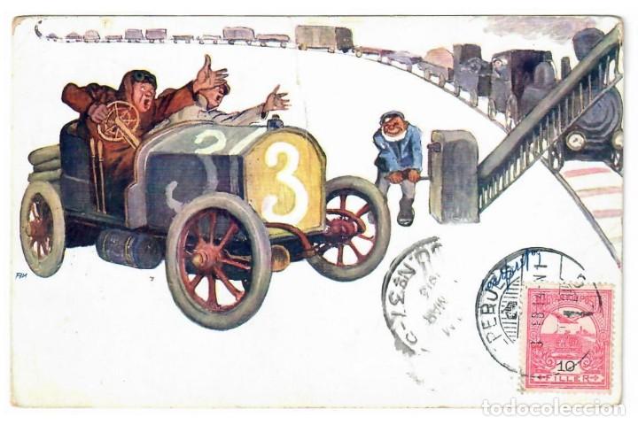 Cartoline: AUTOMOVILISTAS DEMORADOS POR UN TREN &diams; 1913
