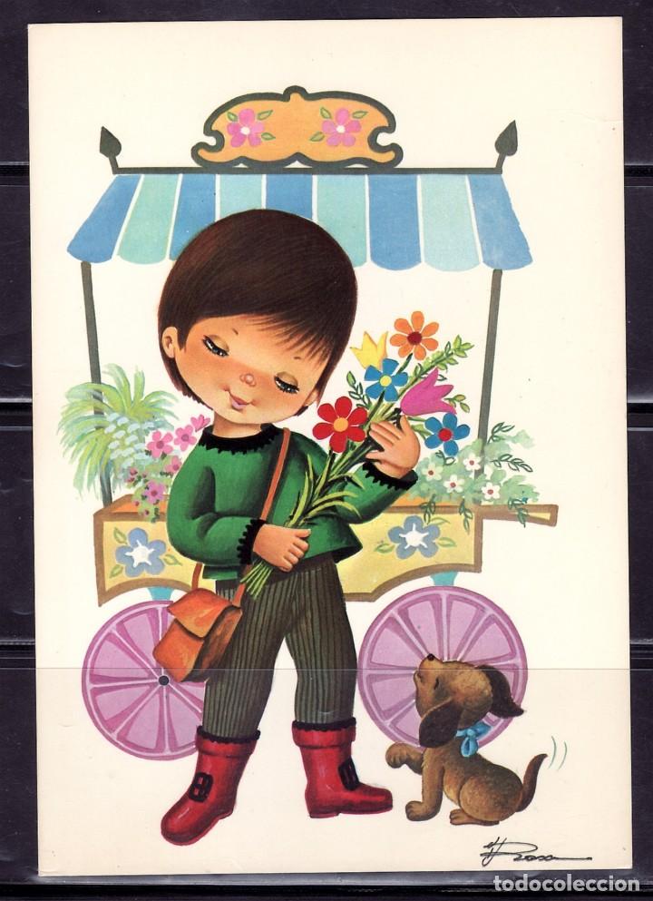 Postkarten: POSTAL ILUSTRADA NI&Ntilde;O CON PERRITO Y FLORES . DIBUJANTE ROSA B