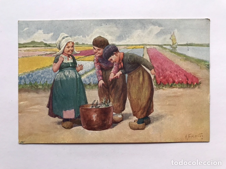 Cartoline: POSTAL HOLANDESA. DIBUJOS Y CARICATURAS.. Ni&ntilde;os y flores (a.1932) Gravenhage, circulada....