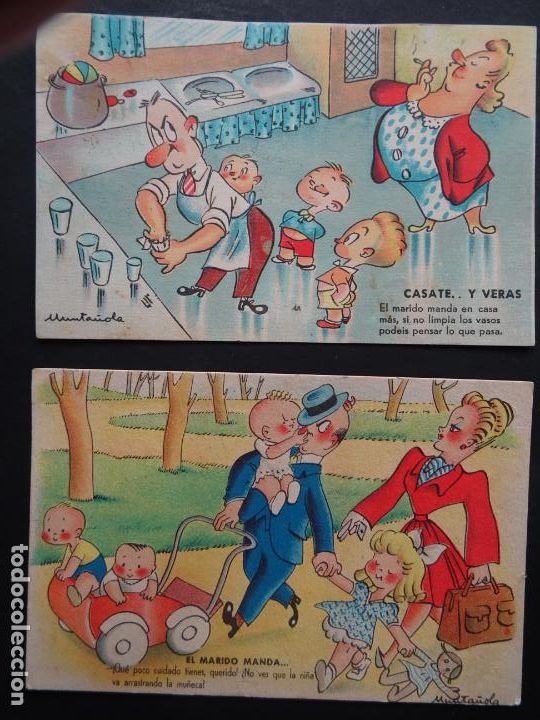 Postales: 2 postales con caricaturas y vi&ntilde;etas de Munta&ntilde;ola, circuladas de 1948 y 1953