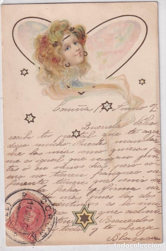 Postales: Postal ilustrada dama y estrellas Escrita desde Coru&ntilde;a. Reverso sin dividir. Circulada.