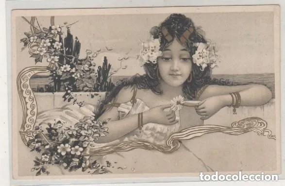 Cartoline: Postal ilustrada modernista. Art Nouveau. Mujer con flor. Reverso sin dividir. sin circular.