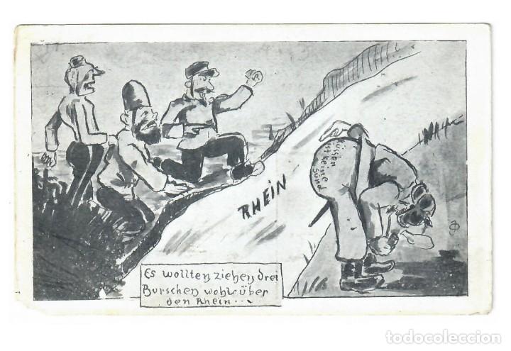 Cartoline: ES WOLLTENSS ZIEBEN DREI BURSCHEN WOBL&Uuml;BER DEN RHEIN...
