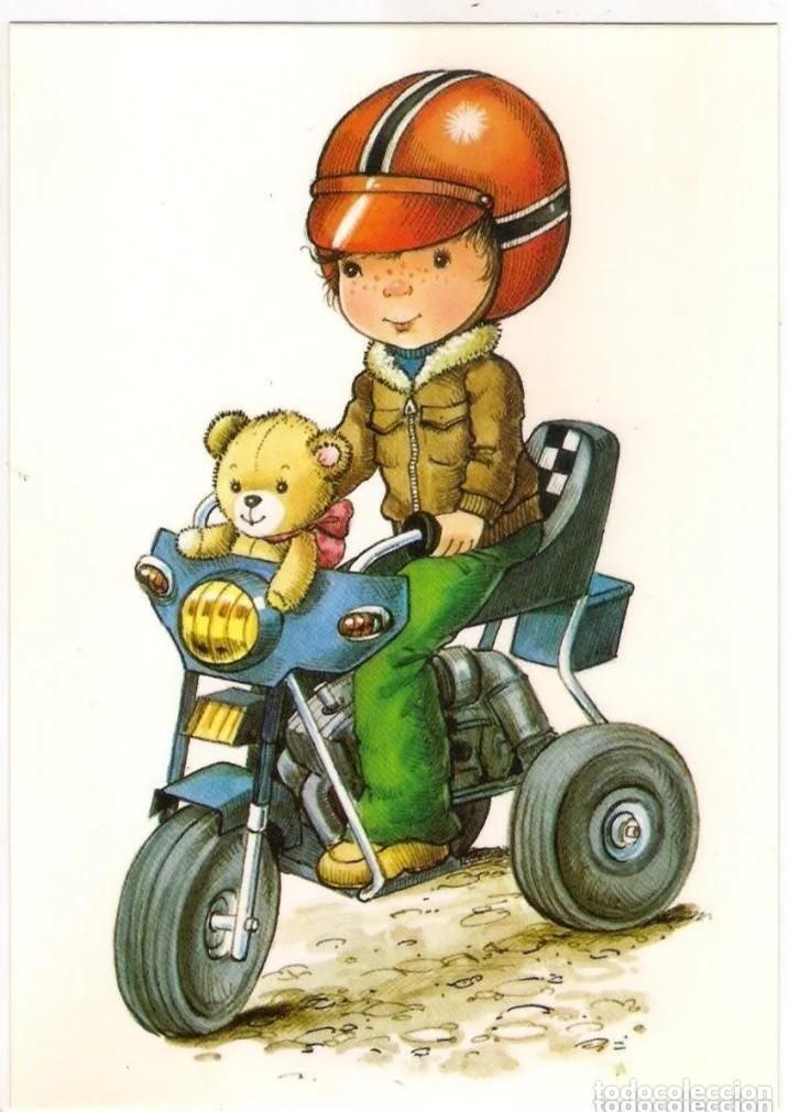 Postais: -87608 POSTAL DIBUJO NI&Ntilde;O CON MOTO Y PELUCHE, ILUSTRACION MARY MAY, EDICIONES PERLA N&ordm; 376/4