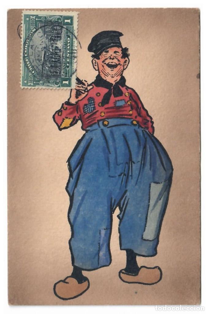 Cartoline: LACHENDER ZIGARRENRAUCHER IN BLAUER PLUDERHOSE &diams; K&Uuml;NSTLER-ANSICHTSKARTE M. MUNK &diams; 1911