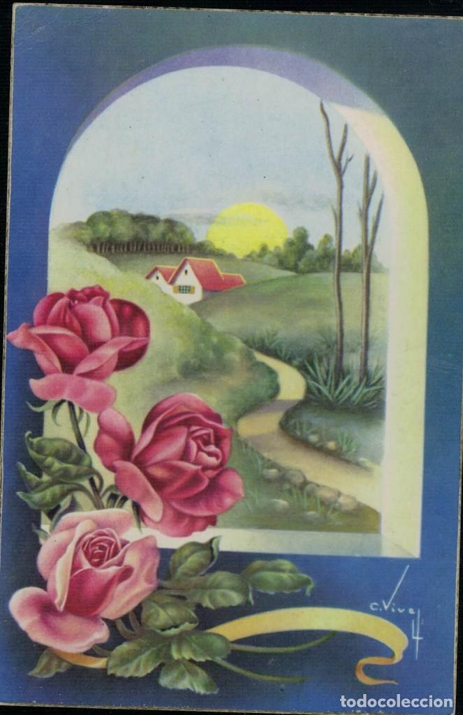 Postcards: Postal antigua circulada. Felicitaci&oacute;n Santo. Onom&aacute;stica. Aldea, camino, bosque, sol, flores