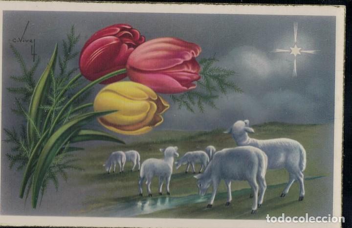 Postcards: Postal antigua circulada. Felicitaci&oacute;n navide&ntilde;a. Navidad. Ovejas. Flores