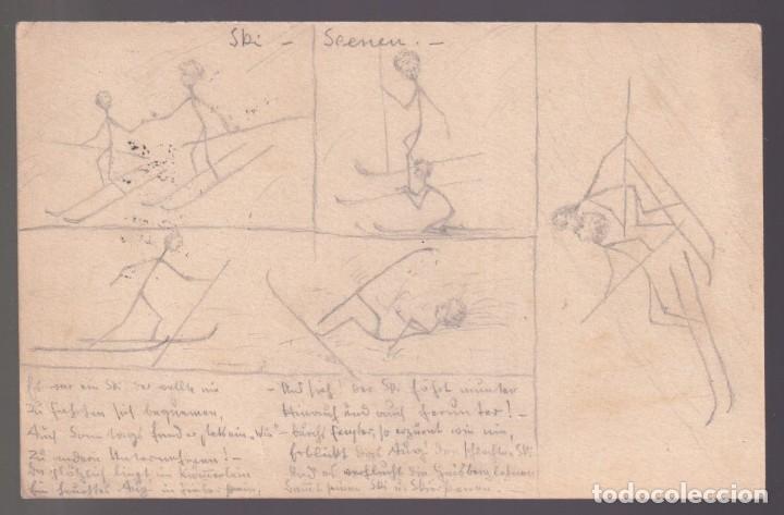 Postales: Deporte ski. Dibujo original an&oacute;nimo sobre Tarjeta Entero Postal. Circulada 1907.