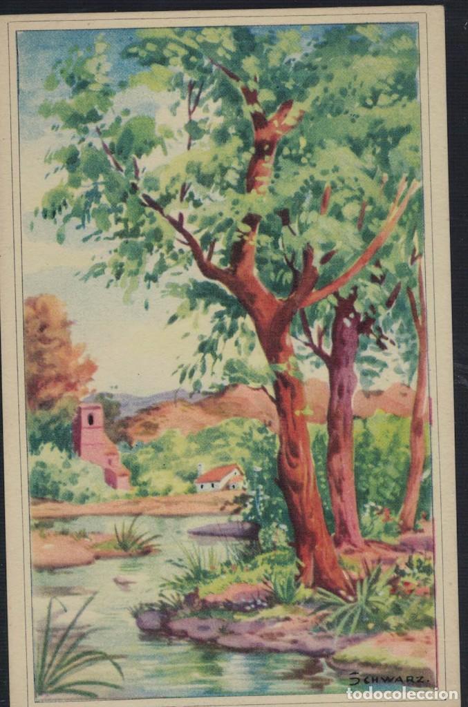 Postkarten: Postal antigua sin circular. Pintura Paisaje. Pueblo. Bosque. R&iacute;o. / F&eacute;nix. Serie 3005