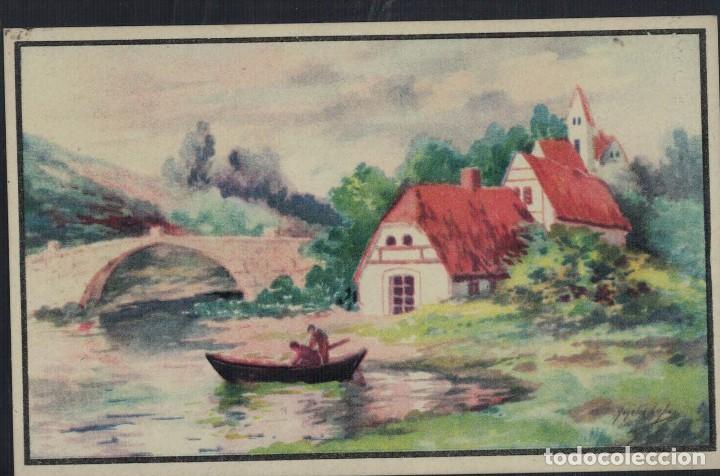 Postkarten: Postal antigua sin circular. Pintura Paisaje Rogelio L&oacute;pez. Pueblo. Puente. R&iacute;o. / C M B. Serie 57
