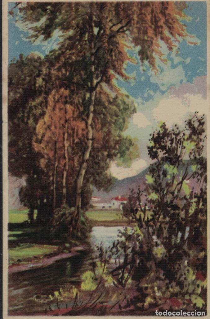 Postkarten: Postal antigua sin circular. Pintura Paisaje. Pueblo. Bosque. R&iacute;o. / Ediciones de Arte Ikon Serie 41